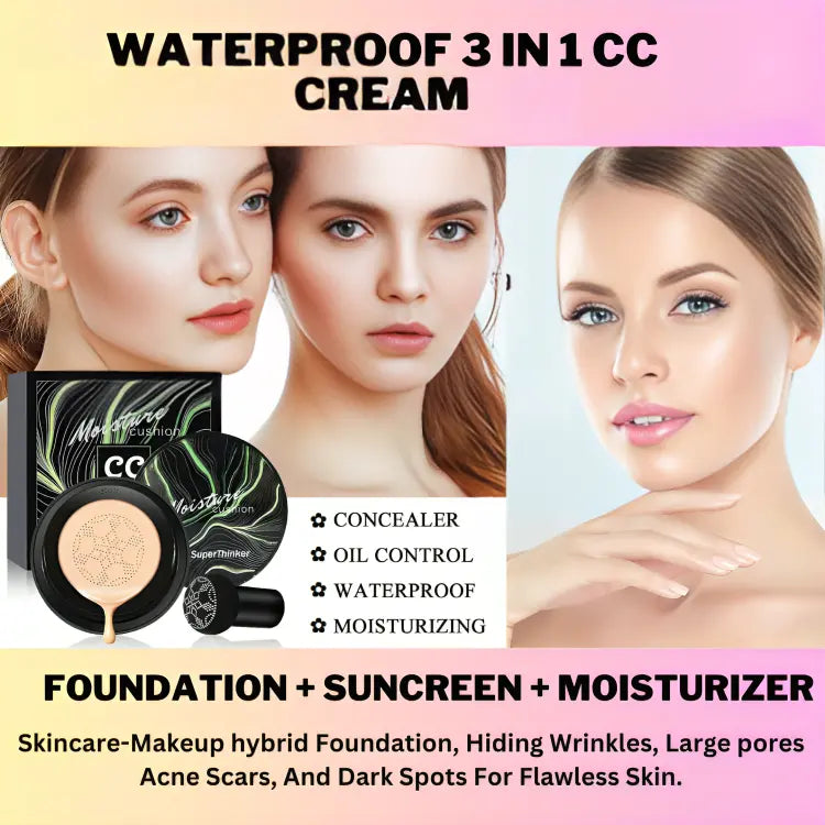 Waterproof Foundation CC Cream 3 in 1 Mushroom Head Air Cushion🔥 40% Off Sale Today 🔥